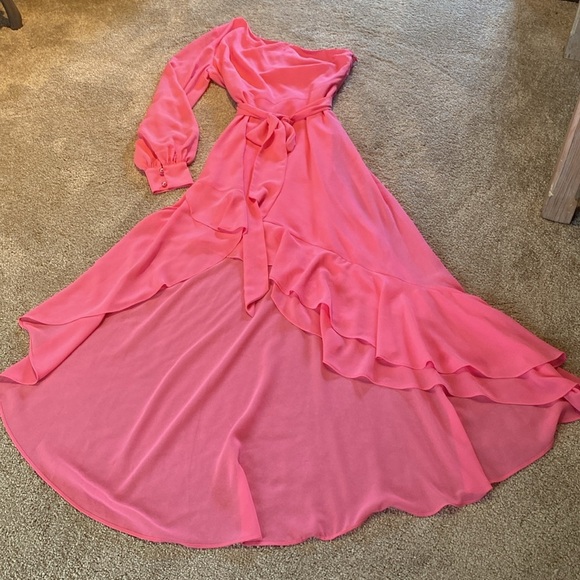 Belle By Badgley Mischka Bailey 1 Shoulder L/S Ruffle High Lo Asymmetrical Hem 6 - Picture 1 of 14